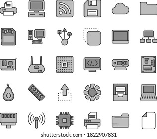 Thin line gray tint vector icon set - floppy disk vector, folder, rss feed, archive, copy, move up, part of guava, processor, scheme, computer, notebook pc, fan, motherboard, cpu, memory, card, usb