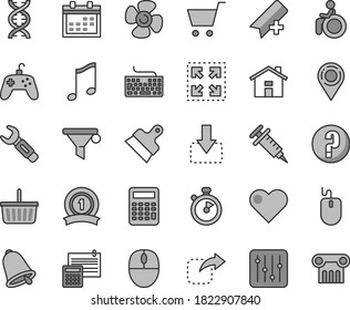 Thin line gray tint vector icon set - house vector, calendar, add bookmark, grocery basket, keyboard, question, calculation, putty knife, bell, heart, music, regulator, size, move down, right, mouse