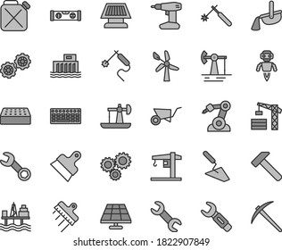 Juego de iconos de vectores de tintes grises de línea delgada - vectores de grúa, torre, engranajes, carro de construcción, trineo, taladro, nivel, ladrillo, navaja, espátula, martillo, puerto marítimo comercial, panel solar, derrick de aceite, trabajo