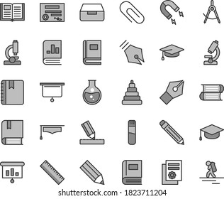 Thin line gray tint vector icon set - clip vector, graphite pencil, yardstick, stacking toy, e, books, drawing, book, notebook, drawer, square academic hat, round flask, magnet, scribed compasses