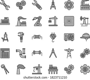 Thin line gray tint vector icon set - hook vector, cogwheel, adjustable wrench, helmet, working oil derrick, water pipes, manufacture, factory, hydroelectric station, power pole, industrial building