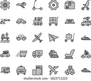 Thin line gray tint vector icon set - truck lorry vector, cargo trolley, paper airplane, car child seat, summer stroller, motor vehicle, present, baby toy train, Kick scooter, cardboard box, eco