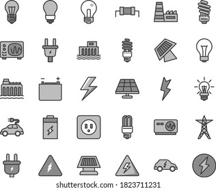 Thin line gray tint vector icon set - lightning vector, danger of electricity, matte light bulb, incandescent lamp, saving, power socket type b, charging battery, solar panel, accumulator, line, car