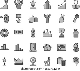 Thin line gray tint vector icon set - employee vector, coins, pedestal, bar chart, cash, finger up, award, cup, star reward, growth graph, winner stairway, man hold world, hands, arrows, pennant