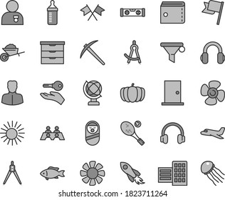Thin line gray tint vector icon set - purse vector, storage unit, measuring bottle for feeding, roly poly doll, garden trolley, ntrance door, building level, city block, globe, flag, fish, pumpkin