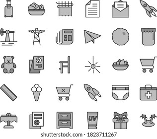 Thin line gray tint vector icon set - yardstick vector, paper airplane, scribbled, first aid kit, nappy, a chair for feeding, small teddy bear, received letter, nightstand, cart, crossed, of fruit