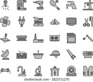 Thin line gray tint vector icon set - keyboard vector, accessories for a hairstyle, small yule, cordless drill, hand saw, helmet, faucet mixer, kitchen, fan screw, electric plug, tower crane, pan