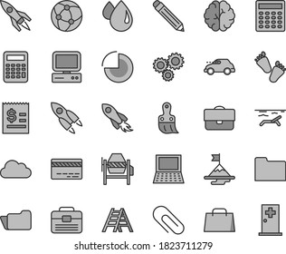 Thin line gray tint vector icon set - clip vector, graphite pencil, bank card, pie chart, children's tracks, concrete mixer, plastic brush, ladder, portfolio, drop, retro car, space rocket, hand bag