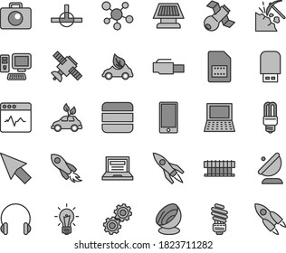Thin line gray tint vector icon set - laptop vector, saving light bulb, camera, headphones, smartphone, cardiogram, coal mining, mercury, eco car, environmentally friendly transport, SIM card, gears