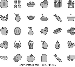Thin line gray tint vector icon set - plastic fork spoons vector, a bowl of buckwheat porridge, plate fruit, chop, tomato, chili, carrot, French fries, japanese sushi, popcorn, cup, glass tea, pear