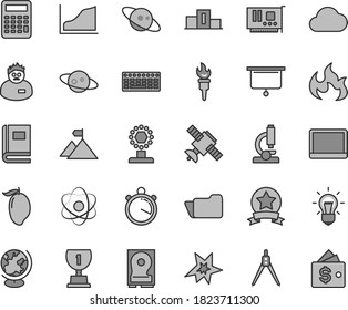 Thin line gray tint vector icon set - mango vector, notebook pc, keyboard, card, hdd, folder, cloud, microscope, atom, bulb, satellite, book, globe, flame, scientist, calculator, drawing compass