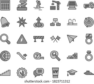 Thin line gray tint vector icon set - tower crane vector, brick wall, long meashuring tape, gear, road fence, bell, flowchart, projector, electricity, zoom, graduate hat, calculator, radar, bang