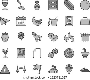 Thin line gray tint vector icon set - calendar vector, paper airplane, children's sand set, building trowel, washbasin, flag, nightstand, Hot Dog, cabbage, coffee beans, lollipop, glass, a pineapple