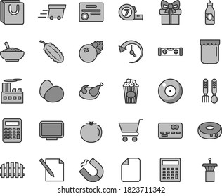 Thin line gray tint vector icon set - camera vector, calculator, iron fork spoons, long meashuring tape, building level, fence, notes, cart, bag with handles, eggs, cake a hole, chicken, cup popcorn