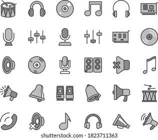 Thin line gray tint vector icon set - bell vector, desktop microphone, horn, loudspeaker, silent mode, drumroll, drum, headphones, music, CD, no sound, phone call, megaphone, pc card, speaker, note