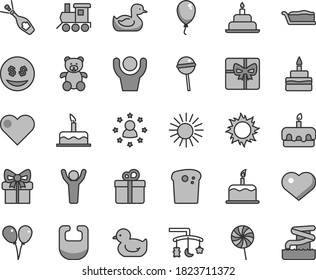Thin line gray tint vector icon set - heart symbol vector, toys over the cradle, bib, rubber duck, baby duckling, teddy bear, toy train, colored air balloons, balloon, cake, birthday, gift, Easter