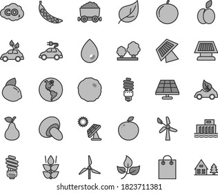 Thin line gray tint vector icon set - saving light bulb vector, drop, porcini, cabbage, apple, pear, mint, tangerine, yellow lemon, delicious, peas, solar panel, big, leaves, leaf, windmill, trees