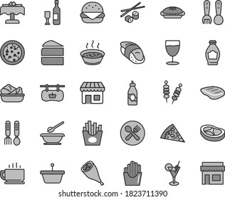 Thin line gray tint vector icon set - plates and spoons vector, plastic fork, iron, coffee, fried vegetables on sticks, pizza, piece of, big burger, cake, pie, porridge in a saucepan, lettuce plate