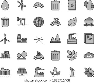 Thin line gray tint vector icon set - bin vector, dust, drop, bag with handles, apple stub, solar panel, working oil derrick, leaves, leaf, windmill, wind energy, factory, hydroelectric station, CO2