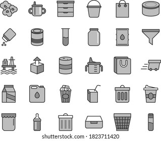 Thin line gray tint vector icon set - wicker pot vector, bin, storage unit, mug for feeding, measuring cup, bottle, baby powder, packing of juice with a straw, bucket, dust, drawer, bag handles, tin