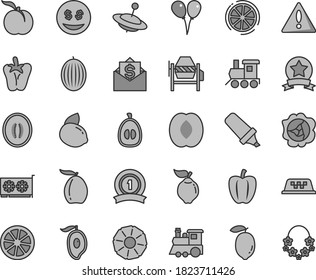 Thin line gray tint vector icon set - warning vector, baby toy train, children's, yule, colored air balloons, concrete mixer, peper, ripe peach, squash, quince, melon, half of mango, loquat, lemon