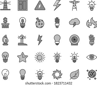 Thin Line Gray Tint Vector Icon Set - Lightning Vector, Incandescent Lamp, Window, Saving Light Bulb, Star, Eye, Storm Cloud, Lens, Leaf, Power Pole, Energy, Lighthouse, Coastal, Electricity, Flame