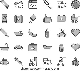 Thin line gray tint vector icon set - heart symbol vector, first aid kit, toys over the cradle, cot, mug for feeding, measuring cup, bottle, baby powder, carriage, sitting stroller, mercury, comb