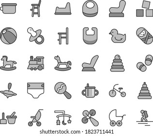 Thin line gray tint vector icon set - toys over the cradle vector, dummy, mug for feeding, diaper, bib, baby, beanbag, rattle, chair, car child seat, stroller, summer, duckling, bath ball, toy, a