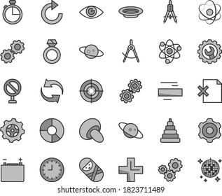 Thin line gray tint vector icon set - prohibition vector, renewal, plus, minus, clockwise, stacking toy, tumbler, cogwheel, gear, eye, timer, delete page, porcini, plate, accumulator, Measuring, aim