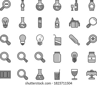 Thin line gray tint vector icon set - incandescent lamp vector, zoom, out, measuring cup for feeding, mercury thermometer, e, window frame, bulb, magnifier, a glass of soda, bottle, jar jam, liquor