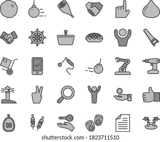 Thin line gray tint vector icon set - scribbled paper vector, magnifier, shoes for little children, big core, drill, hand saw, index finger, shipment, fried vegetables on sticks, apple pie, cabbage