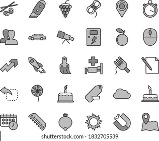 Thin line gray tint vector icon set - women vector, growth up, remove label, comb, cake, plastic brush, hawser, dangers, knife, notes, move left, spaghetti, lollipop, Chinese chopsticks, large grape