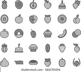 Thin line gray tint vector icon set - cake vector, muffin, slice, birthday, glazed with a hole, apple pie, strawberry, strawberries, biscuit, pomegranate, grape, quince, red, tasty, fig, raspberry