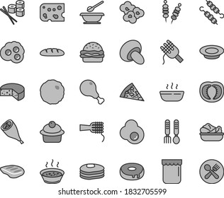 Thin line gray tint vector icon set - plates and spoons vector, iron fork, piece of cheese, loaf, fried vegetables on sticks, pizza, burger, spaghetti, noodles, porcini, muffin, cake with a hole