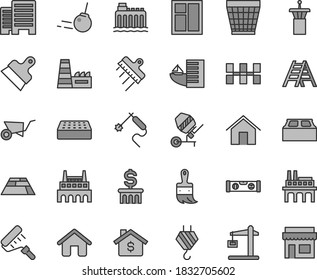 Thin Line Gray Tint Vector Icon Set - Wicker Pot Vector, House, Hook, Building Trolley, Concrete Mixer, Window, Paint Roller, Wooden Brush, Ladder, Level, Buildings, Ceramic Tiles, Brick, Block