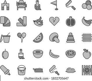 Juego de iconos de vectores de tintes grises de línea delgada - vectores de plumas, anillos de apilamiento, conjunto de arena para niños, caja de ladrillos, globos de aire de color, mezclador de concreto, cubo de pintura, nuevo rodillo, muestras de color, color de muestra