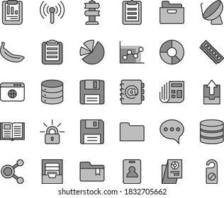 Thin line gray tint vector icon set - graph vector, archive, upload data, folder bookmark, speech, book, big, address, banana, satellite dish, connections, statistical report, ring diagram, research