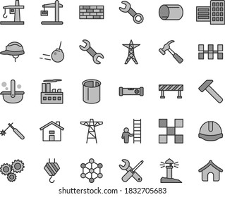 Thin line gray tint vector icon set - house vector, brickwork, hook, small tools, construction level, city block, tile, ceramic tiles, helmet, road fence, hammer, with claw, core, power line, pole