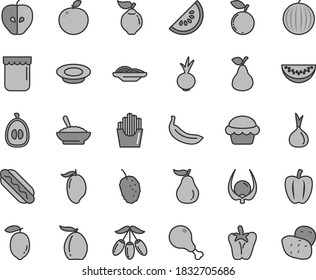 Thin line gray tint vector icon set - Hot Dog vector, slices of onion, cake, a bowl buckwheat porridge, plate milk, chicken leg, peper, beet, fried potato, jam, pear, quince, tasty apple, blueberry