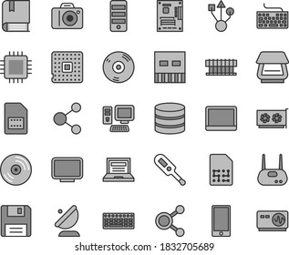 Thin line gray tint vector icon set - laptop vector, camera, keyboard, electronic thermometer e, CD, smartphone, processor, satellite antenna, SIM card, connection, connections, computer, tower, cpu