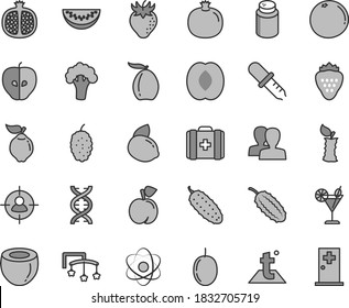 Thin line gray tint vector icon set - women vector, toys over the cot, powder, medical bag, temperature, cucumber, cocktail, strawberry, peach, pomegranate, half, quince, tasty apple, mulberry, stub