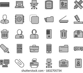 Thin line gray tint vector icon set - laptop vector, briefcase, folder, portfolio, interroom door, writing accessories, drawing, employee, address book, cardboard box, operator, clip, copy, computer