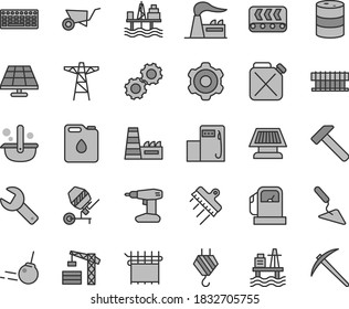 Thin line gray tint vector icon set - repair key vector, tower crane, hook, cogwheel, building trolley, trowel, concrete mixer, drill, spatula, hammer, core, sea port, commercial seaport, modern