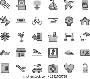 Thin line gray tint vector icon set - sail boat vector, taxi, bike, motorcycle, escalator, rope barrier, baggage scanner, plane ticket, getting, arrival, hotel, boungalow, beach, uv cream, cocktail