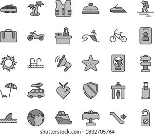 Thin Line Gray Tint Vector Icon Set - Earth Vector, Train, Bike, Motorcycle, Backpacker, Escalator, Security Gate, Suitcase, Rolling, Passport, Arnchair Under Umbrella, Sun, Palm Tree, Pool, Surfing