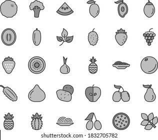 Thin line gray tint vector icon set - onion vector, slices of, cabbage, strawberry, a pineapple, orange, large grape, tasty apple, raspberry, cornels, fig, mulberry, half mango, melon, date fruit