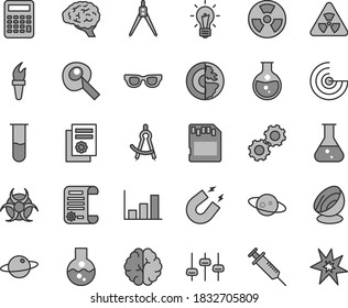 Thin line gray tint vector icon set - planet vector, round flask, radiation hazard, research article, scientific publication, sd card, test tube, glasses, nuclear, bulb, brain, gears, settings, bang