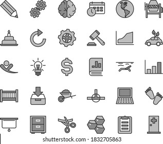 Thin line gray tint vector icon set - hammer of a judge vector, clockwise, bedside table, baby cot, children's tracks, birthday cake, garden trolley, concrete mixer, put in box, honeycombs, gear