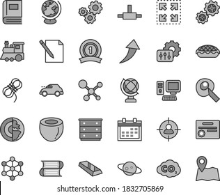 Thin line gray tint vector icon set - calendar vector, chest of drawers, children's train, books, hawser, globe, notes, size, apple pie, half coconut, gears, retro car, carbon dyoxide, man in sight