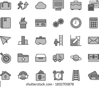 Thin line gray tint vector icon set - monitor vector, clock face, alarm, bar chart, growth, upload folder, gears, stepladder, suitcase, calculation, notebook, drawer, reverse side of a bank card